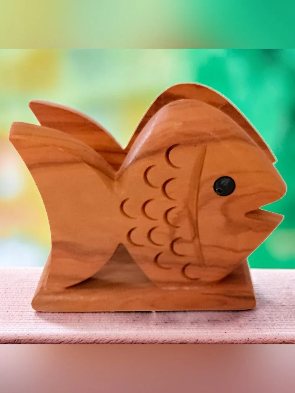 Olive Wood Fish Napkin Holder Carved Coastal Beach Kitchen Mail Desk Organizer